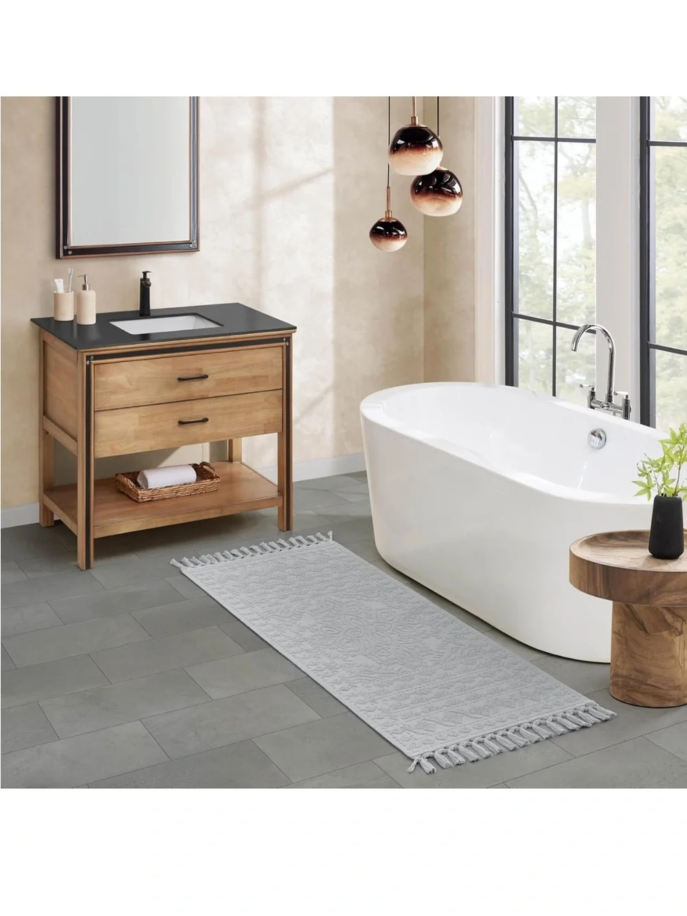 NEW French Connection Nellore Bathroom Rugs, Woven and Beaded 100% Cotton Mat